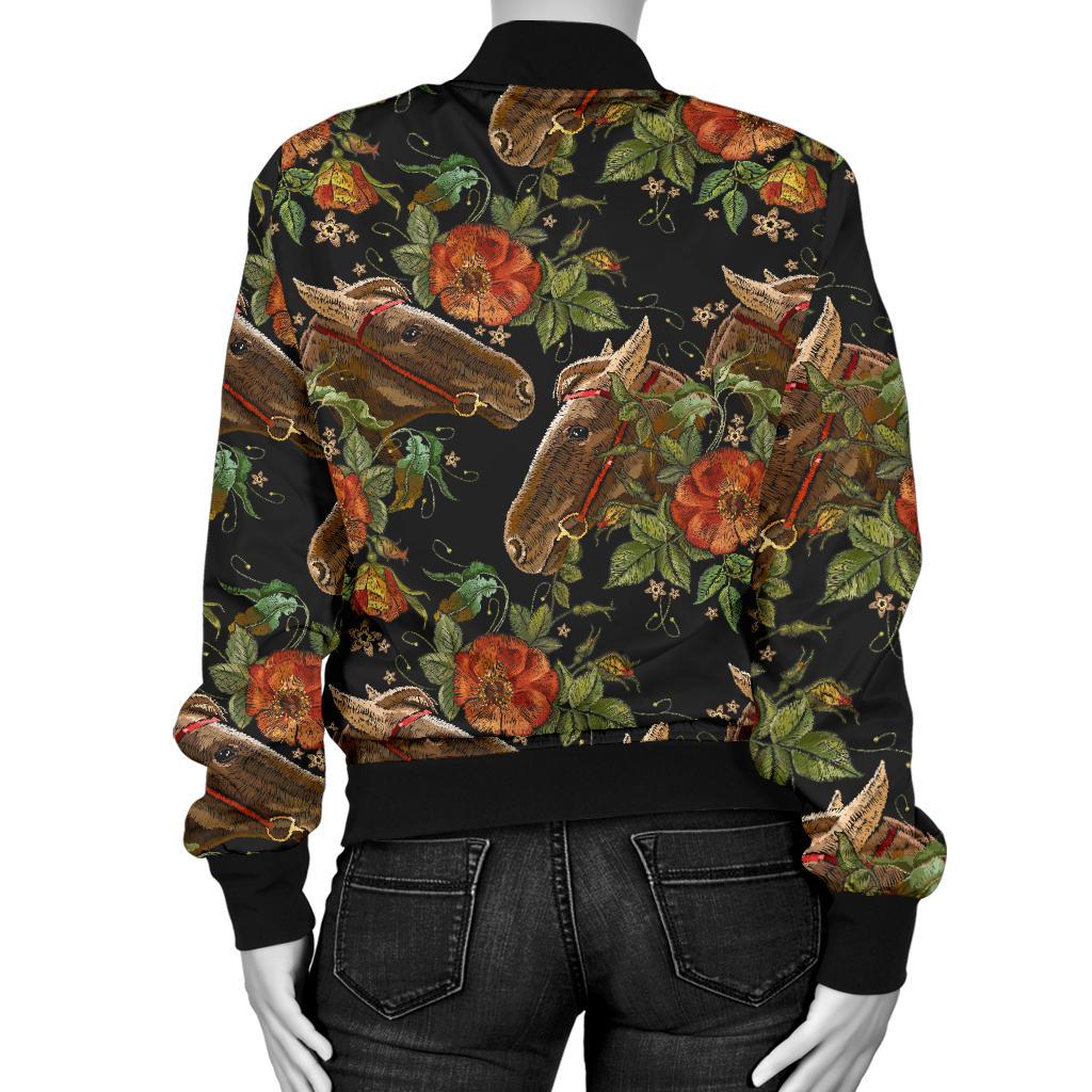 Horse Embroidery With Flower Design Women Casual Bomber Jacket