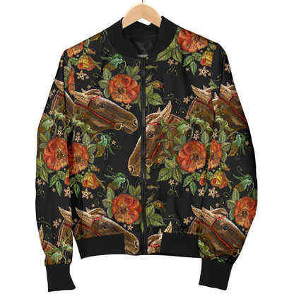 Horse Embroidery With Flower Design Women Casual Bomber Jacket