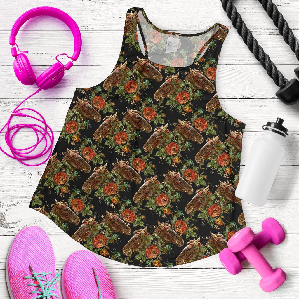 Horse Embroidery with Flower Design Women Racerback Tank Top