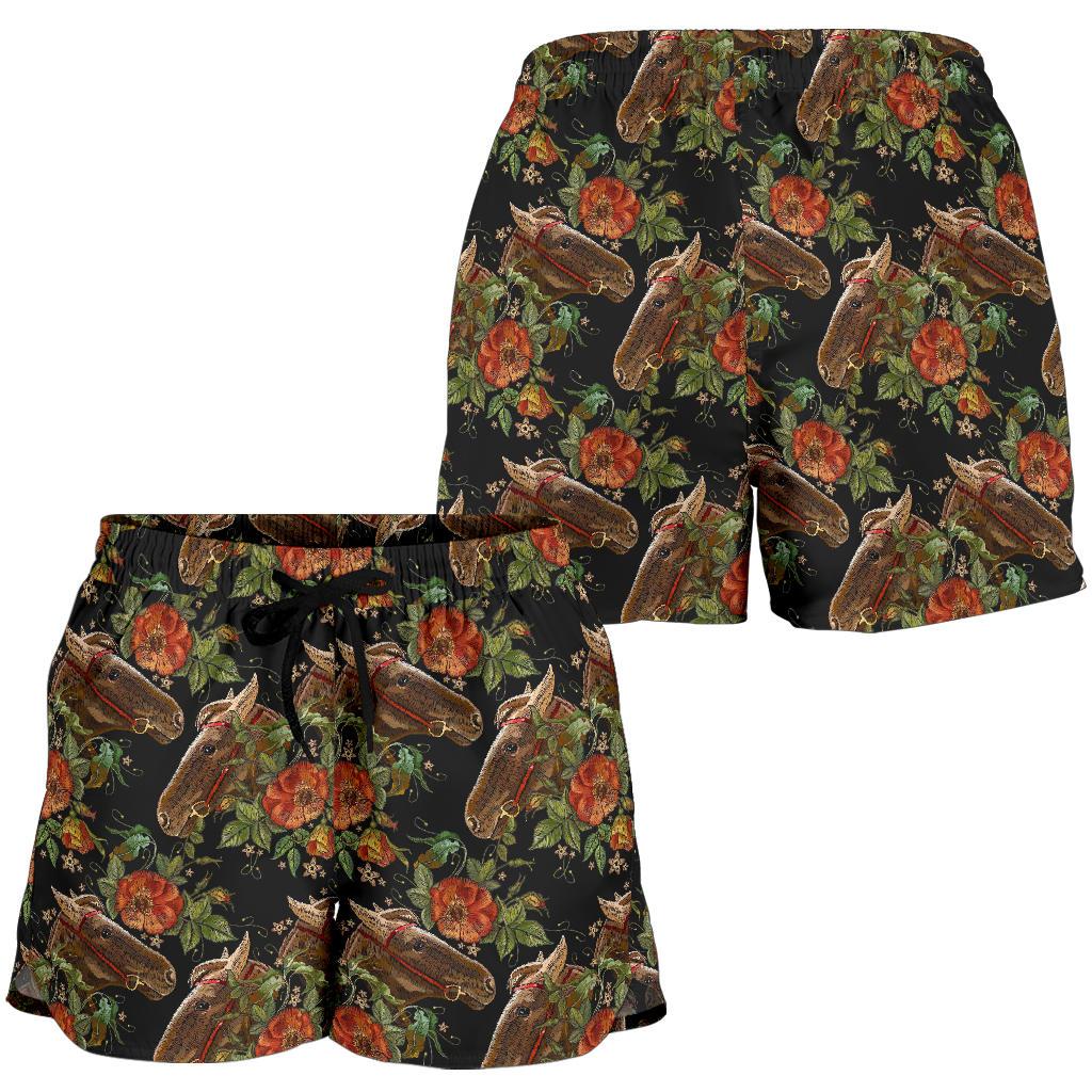 Horse Embroidery with Flower Design Women Shorts-JTAMIGO.COM