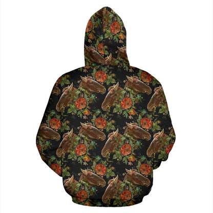 Horse Embroidery with Flower Design Zip Up Hoodie