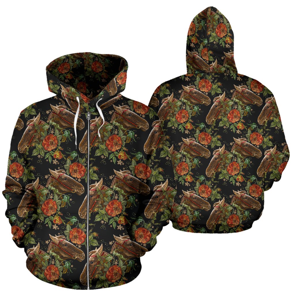 Horse Embroidery with Flower Design Zip Up Hoodie