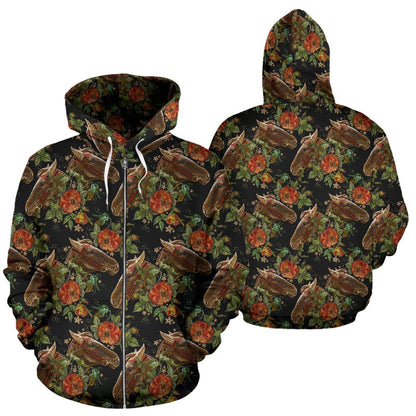 Horse Embroidery with Flower Design Zip Up Hoodie