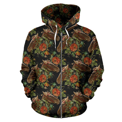 Horse Embroidery with Flower Design Zip Up Hoodie