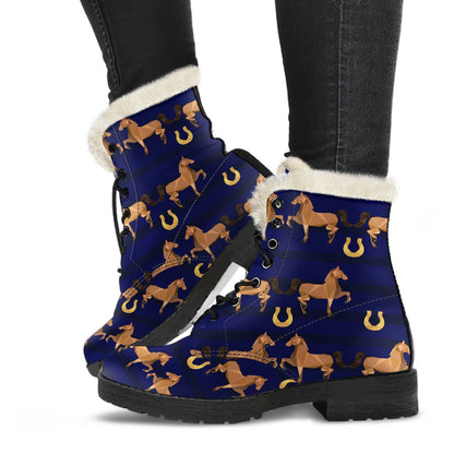 Horse Luxury Themed Pattern Print Faux Fur Leather Boots-JTAMIGO.COM