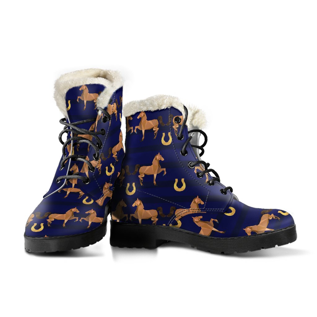 Horse Luxury Themed Pattern Print Faux Fur Leather Boots-JTAMIGO.COM