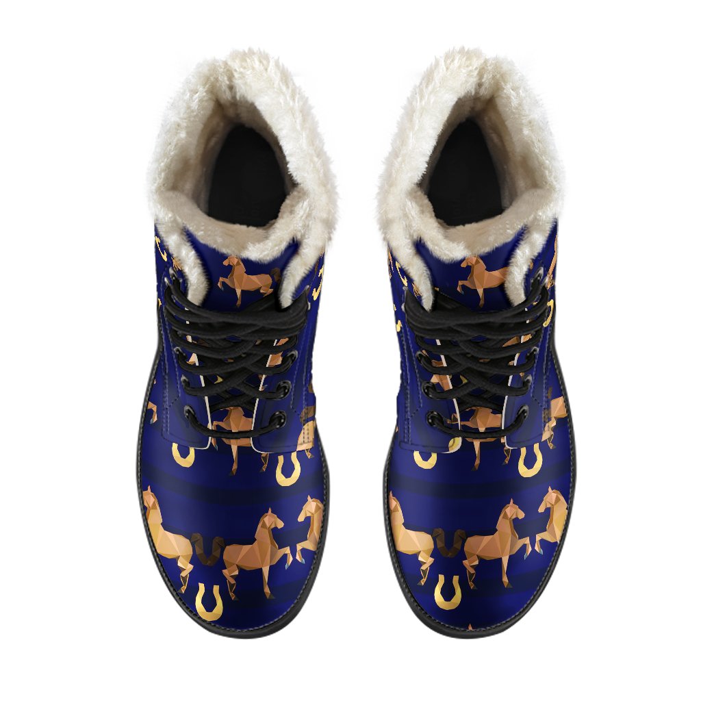 Horse Luxury Themed Pattern Print Faux Fur Leather Boots-JTAMIGO.COM