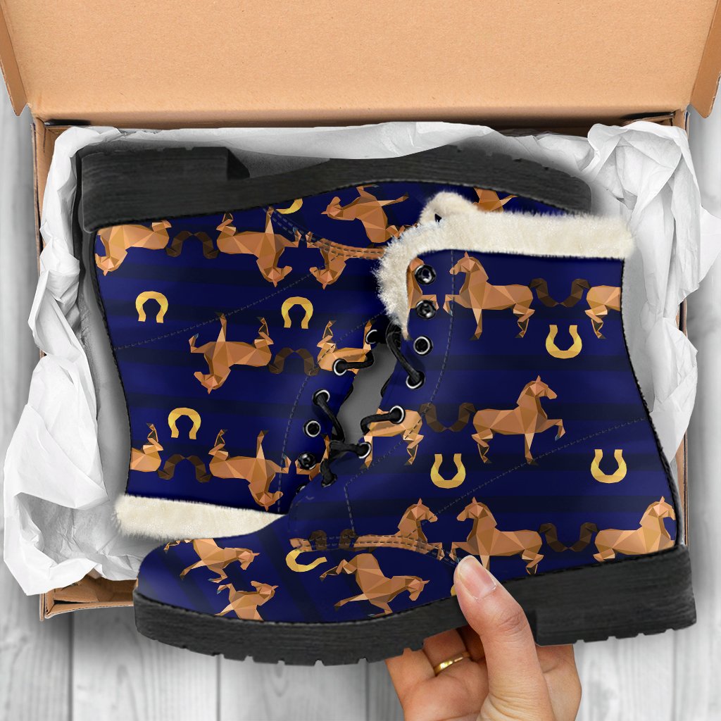 Horse Luxury Themed Pattern Print Faux Fur Leather Boots-JTAMIGO.COM