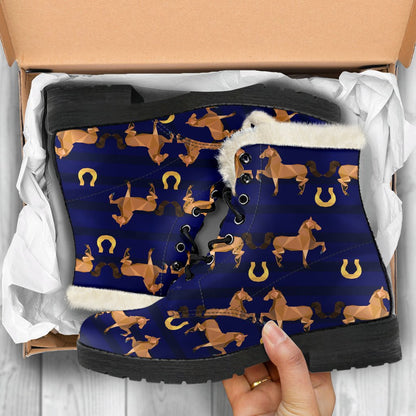Horse Luxury Themed Pattern Print Faux Fur Leather Boots-JTAMIGO.COM