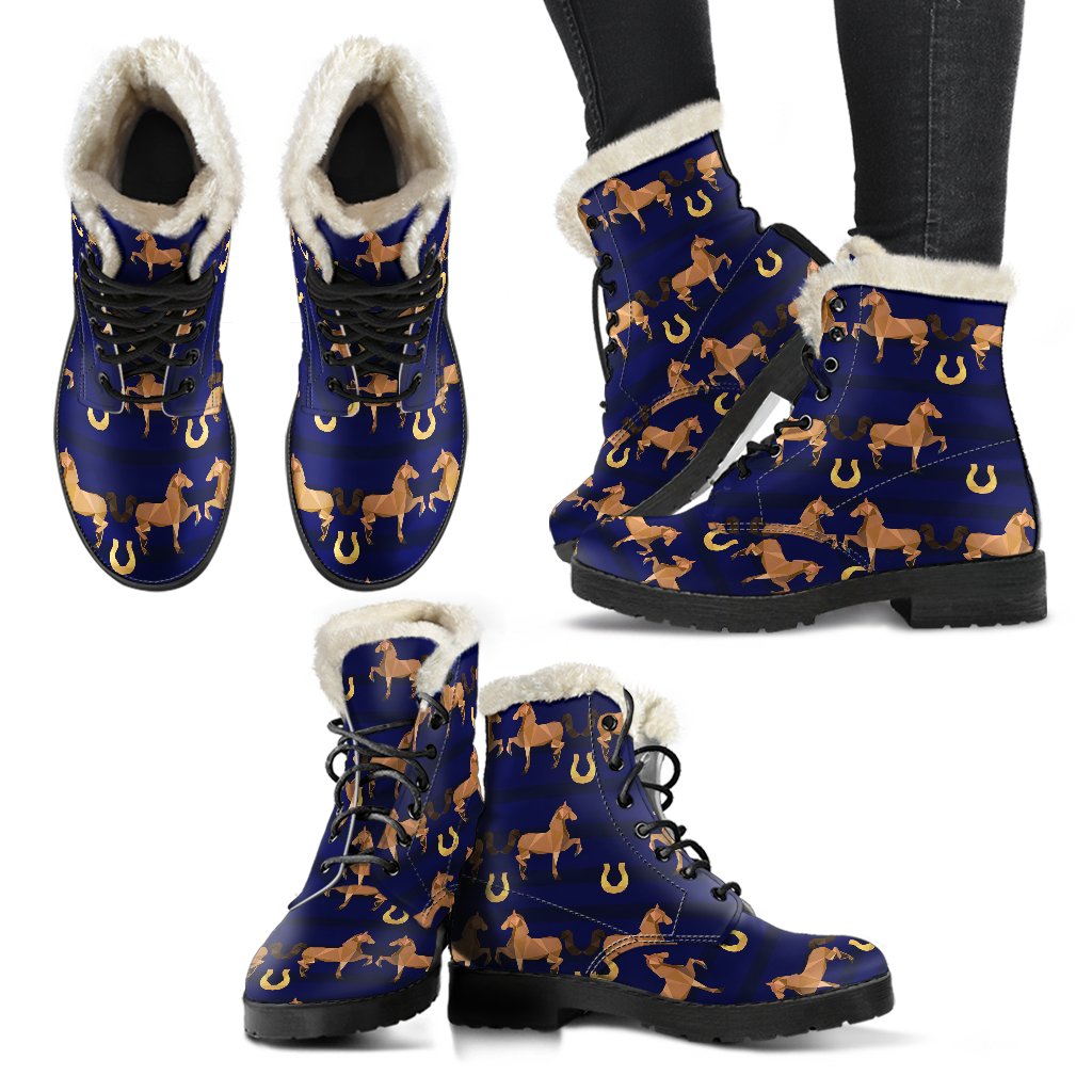 Horse Luxury Themed Pattern Print Faux Fur Leather Boots-JTAMIGO.COM
