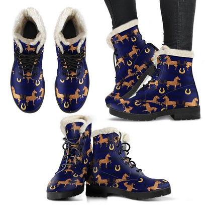 Horse Luxury Themed Pattern Print Faux Fur Leather Boots-JTAMIGO.COM