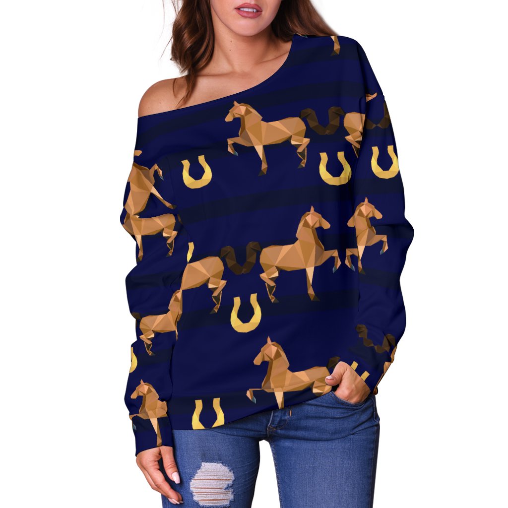 Horse Luxury Themed Pattern Print Off Shoulder Sweatshirt