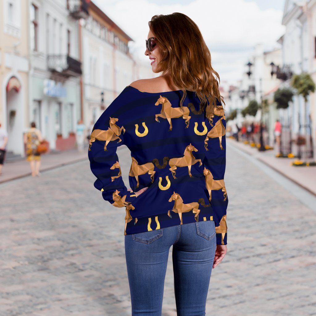 Horse Luxury Themed Pattern Print Off Shoulder Sweatshirt