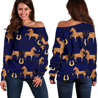 Horse Luxury Themed Pattern Print Off Shoulder Sweatshirt