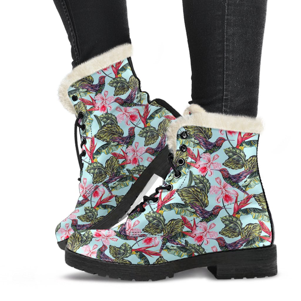 Hummingbird Cute Themed Print Faux Fur Leather Boots-JTAMIGO.COM