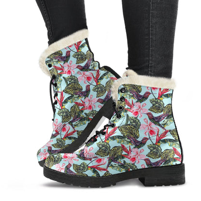 Hummingbird Cute Themed Print Faux Fur Leather Boots-JTAMIGO.COM