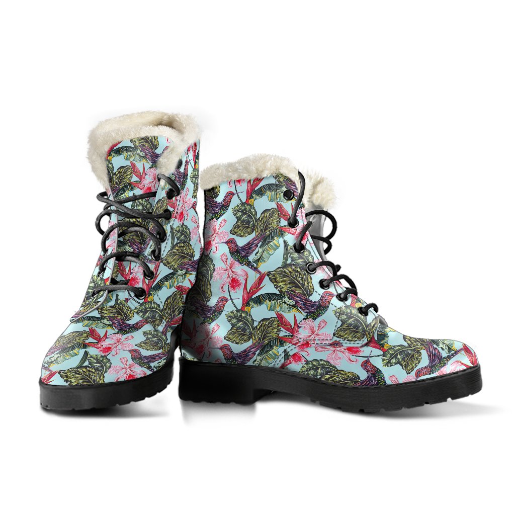 Hummingbird Cute Themed Print Faux Fur Leather Boots-JTAMIGO.COM