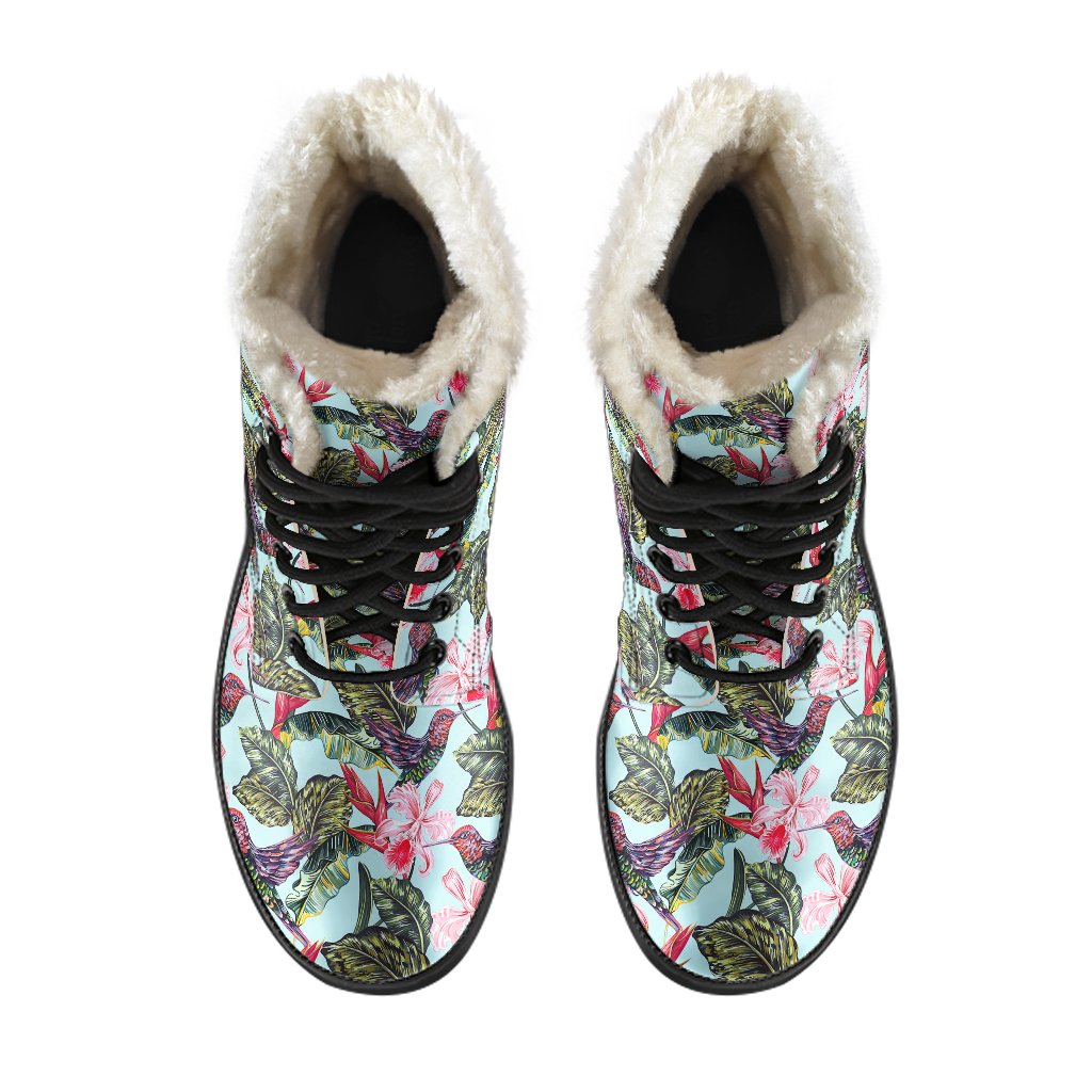 Hummingbird Cute Themed Print Faux Fur Leather Boots-JTAMIGO.COM