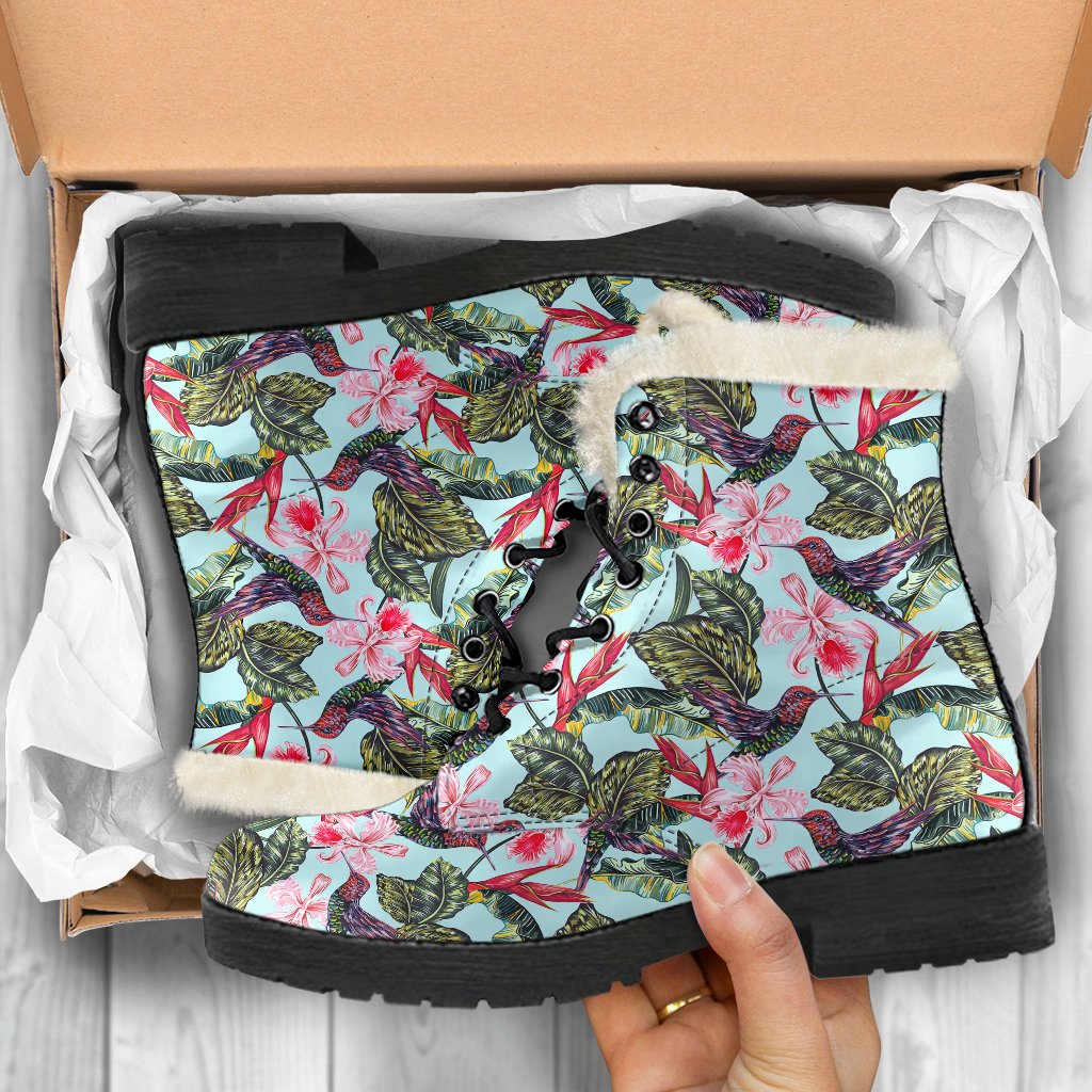 Hummingbird Cute Themed Print Faux Fur Leather Boots-JTAMIGO.COM