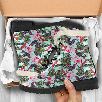 Hummingbird Cute Themed Print Faux Fur Leather Boots-JTAMIGO.COM