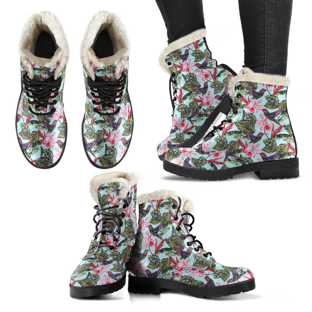 Hummingbird Cute Themed Print Faux Fur Leather Boots-JTAMIGO.COM