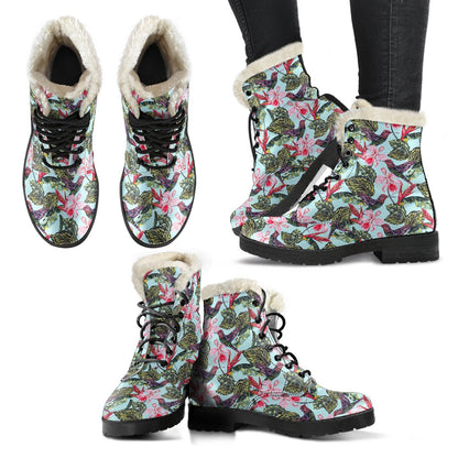 Hummingbird Cute Themed Print Faux Fur Leather Boots-JTAMIGO.COM