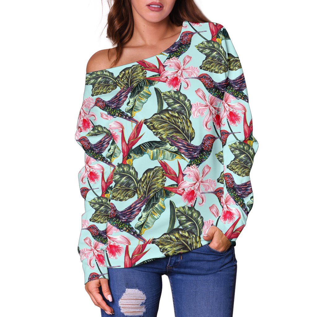 Hummingbird Cute Themed Print Off Shoulder Sweatshirt
