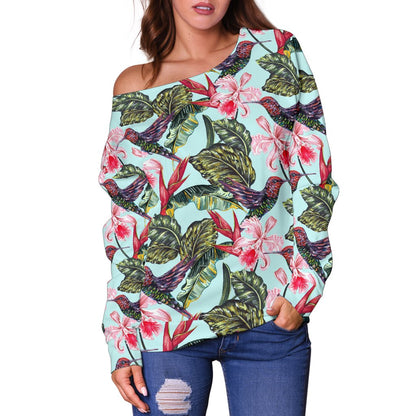 Hummingbird Cute Themed Print Off Shoulder Sweatshirt
