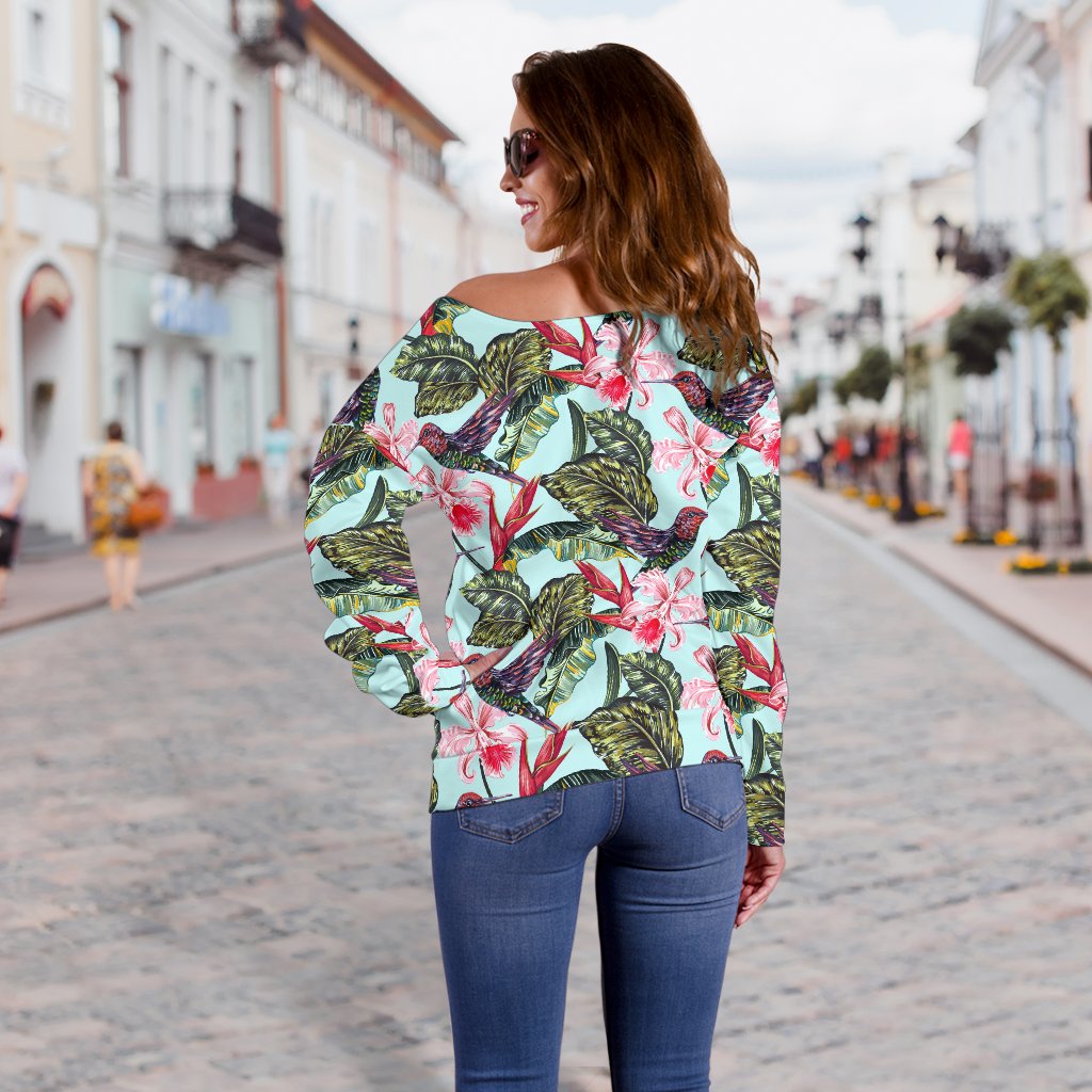 Hummingbird Cute Themed Print Off Shoulder Sweatshirt