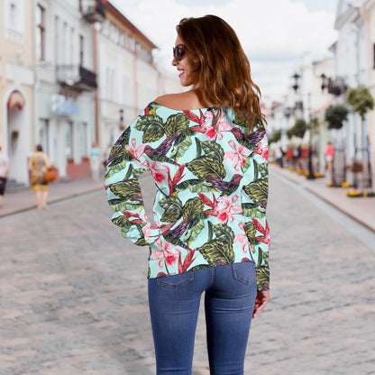Hummingbird Cute Themed Print Off Shoulder Sweatshirt