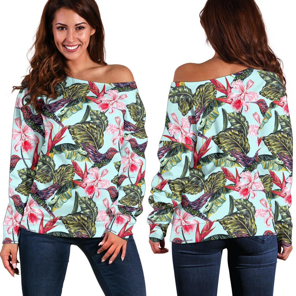 Hummingbird Cute Themed Print Off Shoulder Sweatshirt