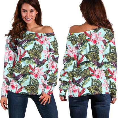Hummingbird Cute Themed Print Off Shoulder Sweatshirt