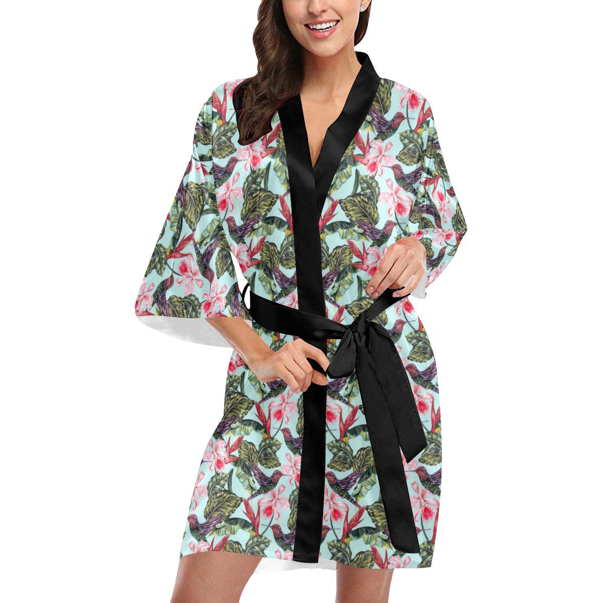 Hummingbird Cute Themed Print Women Short Kimono Robe