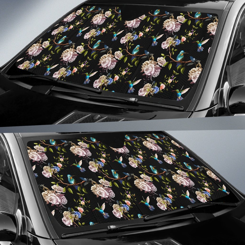 Hummingbird Flower Themed Print Car Sun Shade For Windshield