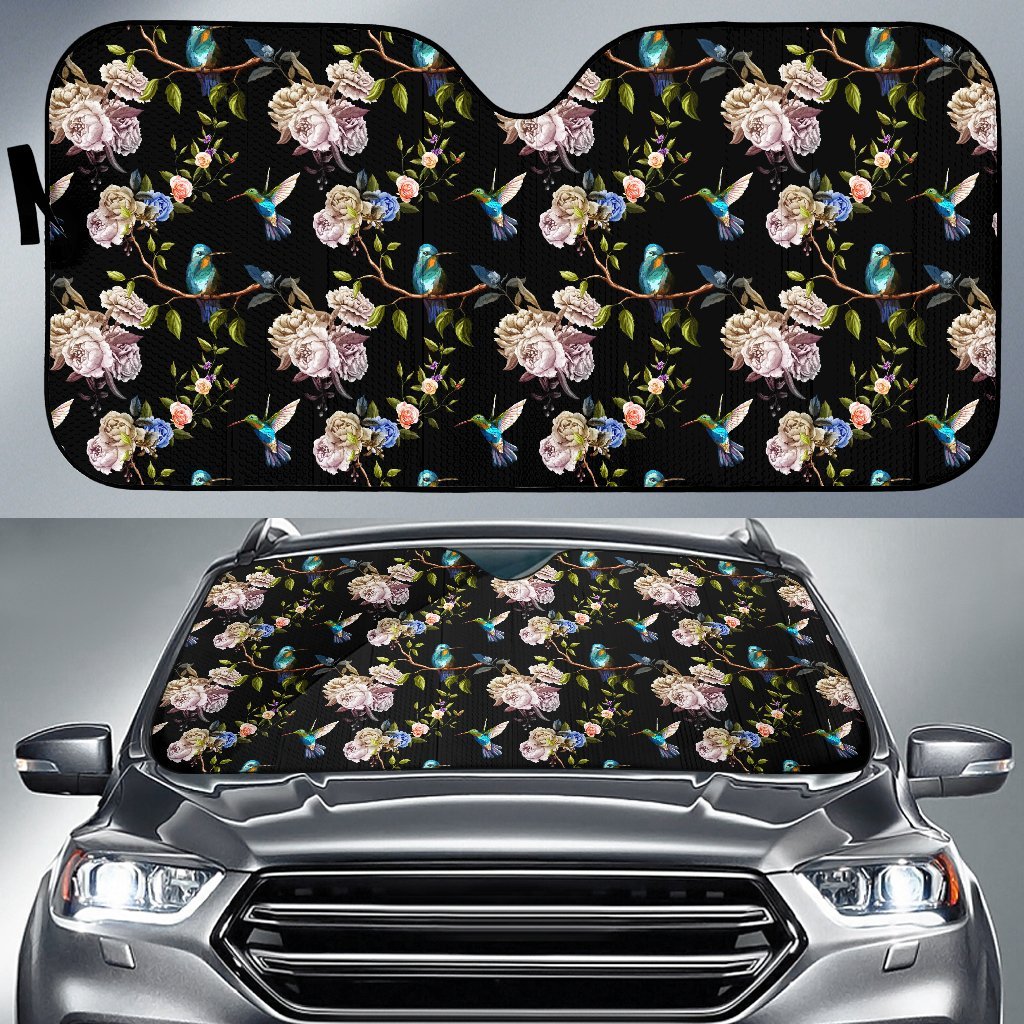 Hummingbird Flower Themed Print Car Sun Shade For Windshield