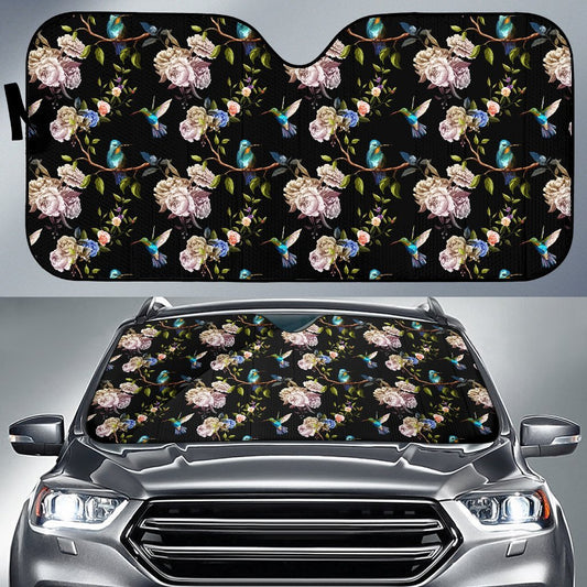 Hummingbird Flower Themed Print Car Sun Shade For Windshield