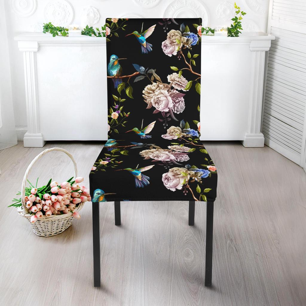 Hummingbird Flower Themed Print Dining Chair Slipcover-JTAMIGO.COM