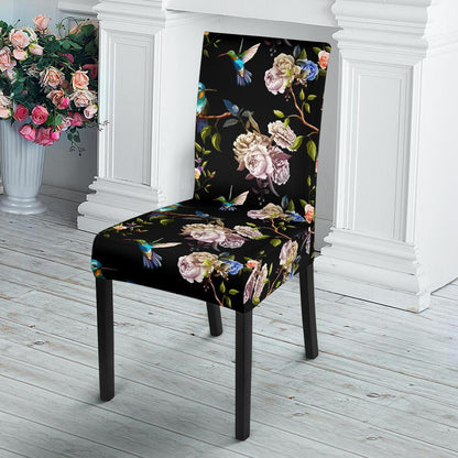 Hummingbird Flower Themed Print Dining Chair Slipcover-JTAMIGO.COM