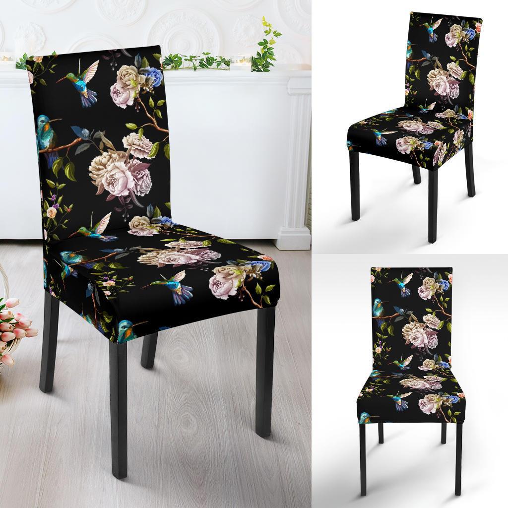 Hummingbird Flower Themed Print Dining Chair Slipcover-JTAMIGO.COM