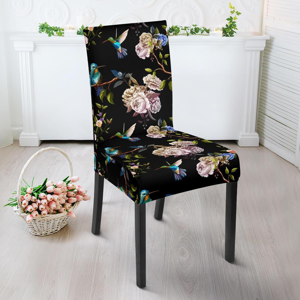 Hummingbird Flower Themed Print Dining Chair Slipcover-JTAMIGO.COM