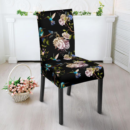 Hummingbird Flower Themed Print Dining Chair Slipcover-JTAMIGO.COM