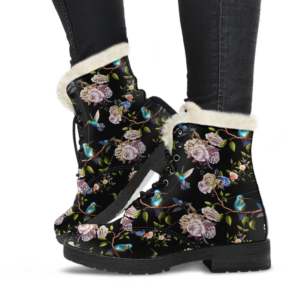 Hummingbird Flower Themed Print Faux Fur Leather Boots-JTAMIGO.COM