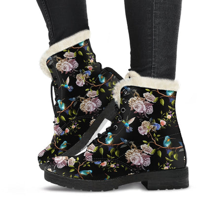 Hummingbird Flower Themed Print Faux Fur Leather Boots-JTAMIGO.COM
