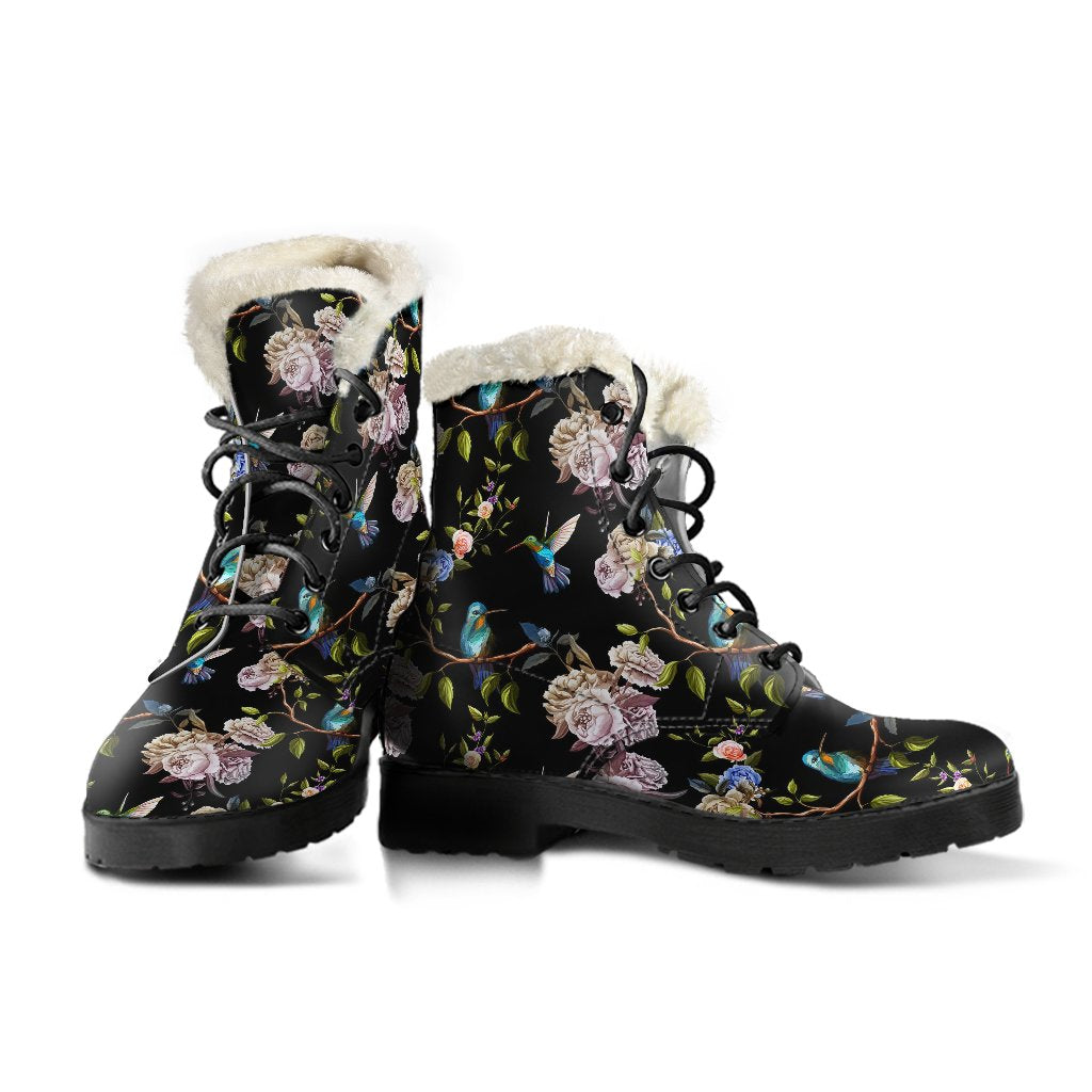 Hummingbird Flower Themed Print Faux Fur Leather Boots-JTAMIGO.COM