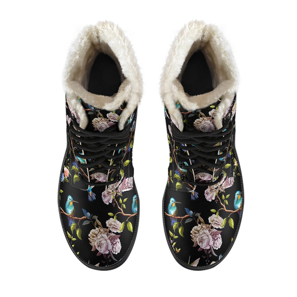 Hummingbird Flower Themed Print Faux Fur Leather Boots-JTAMIGO.COM