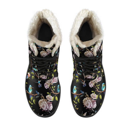 Hummingbird Flower Themed Print Faux Fur Leather Boots-JTAMIGO.COM