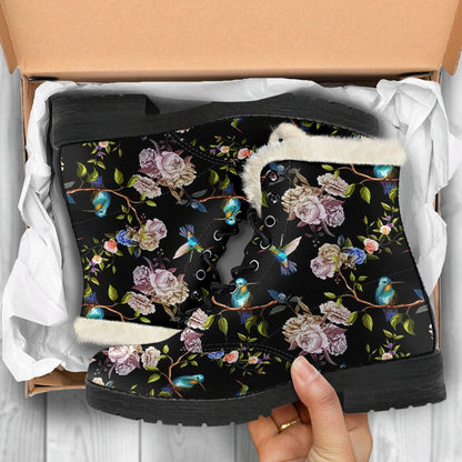 Hummingbird Flower Themed Print Faux Fur Leather Boots-JTAMIGO.COM