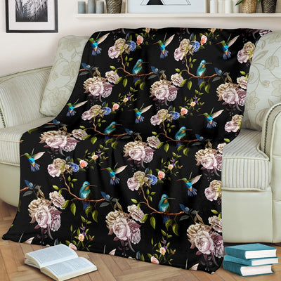 Hummingbird Flower Themed Print Fleece Blanket