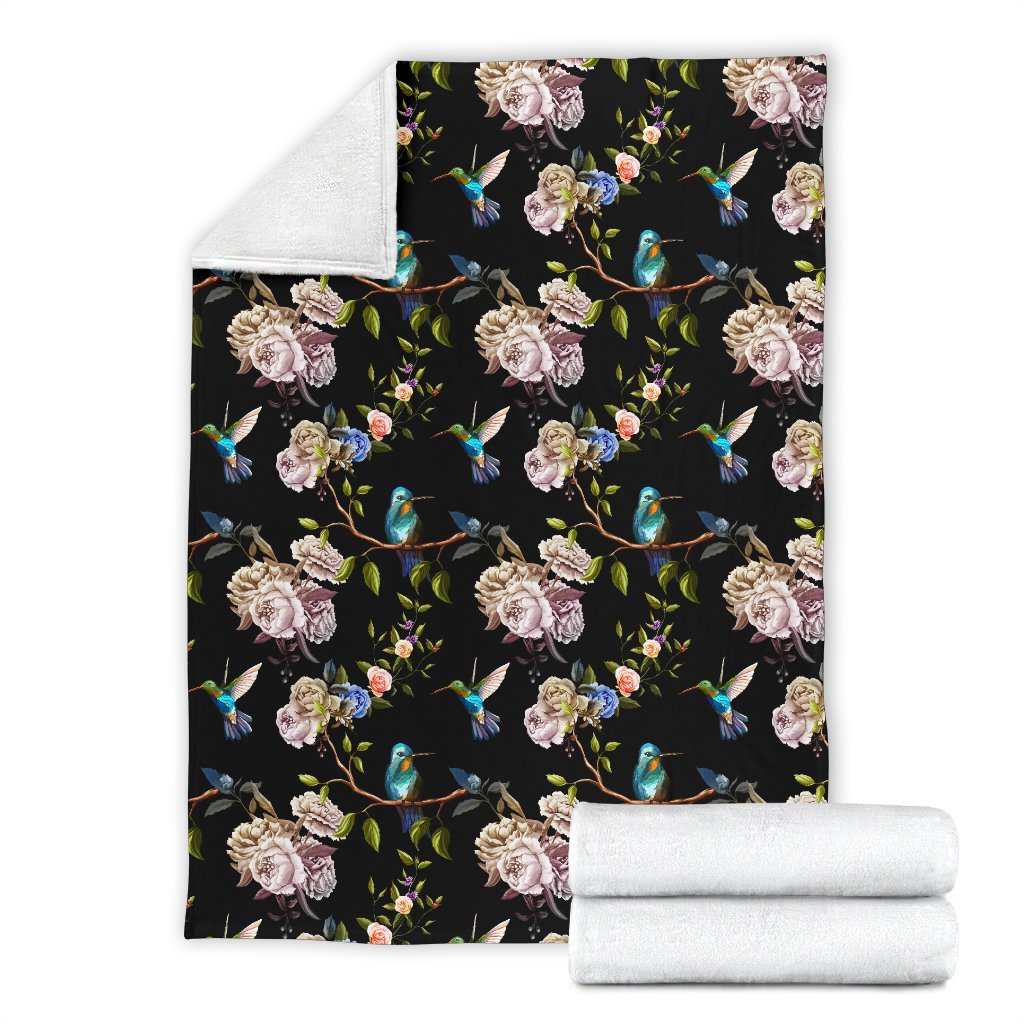 Hummingbird Flower Themed Print Fleece Blanket