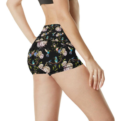 Hummingbird Flower Themed Print High Waisted Spandex Shorts-JTAMIGO.COM